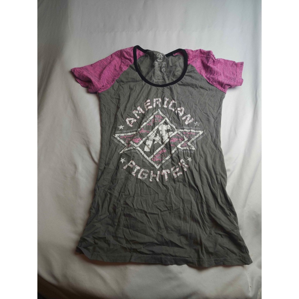 American Fighter Womens Grey Pink Graphic Raglan T-Shirt Medium Distressed Logo
